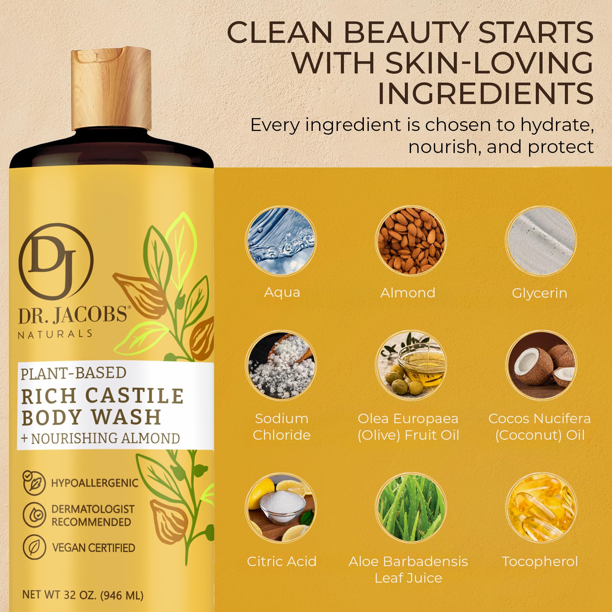 DR.JACOBS NATURALS Pure Castile Soap Almond bottle with foam demonstrates luxurious lather.