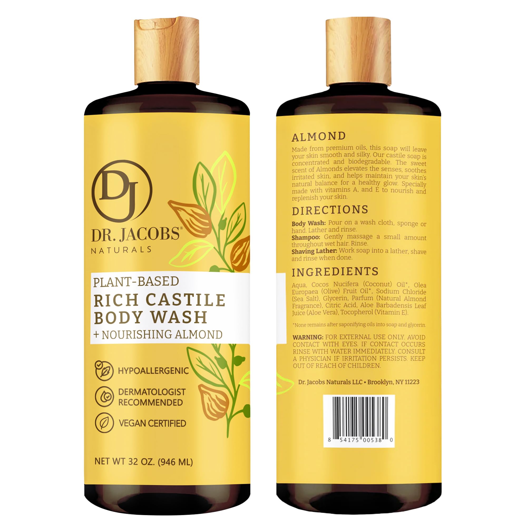DR.JACOBS NATURALS Pure Castile Soap Almond ingredients reveal aloe and vitamin E for nourishing skin.