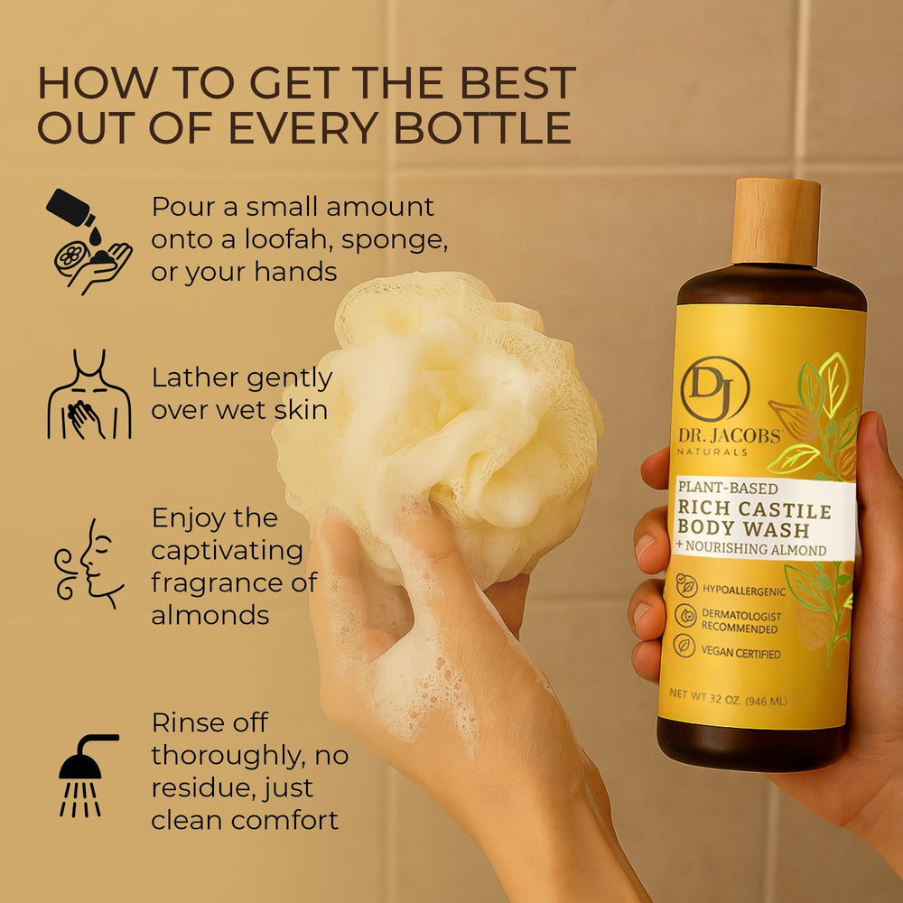 DR.JACOBS NATURALS Pure Castile Soap Almond packaging emphasizes eco-friendly, USA-made identity.