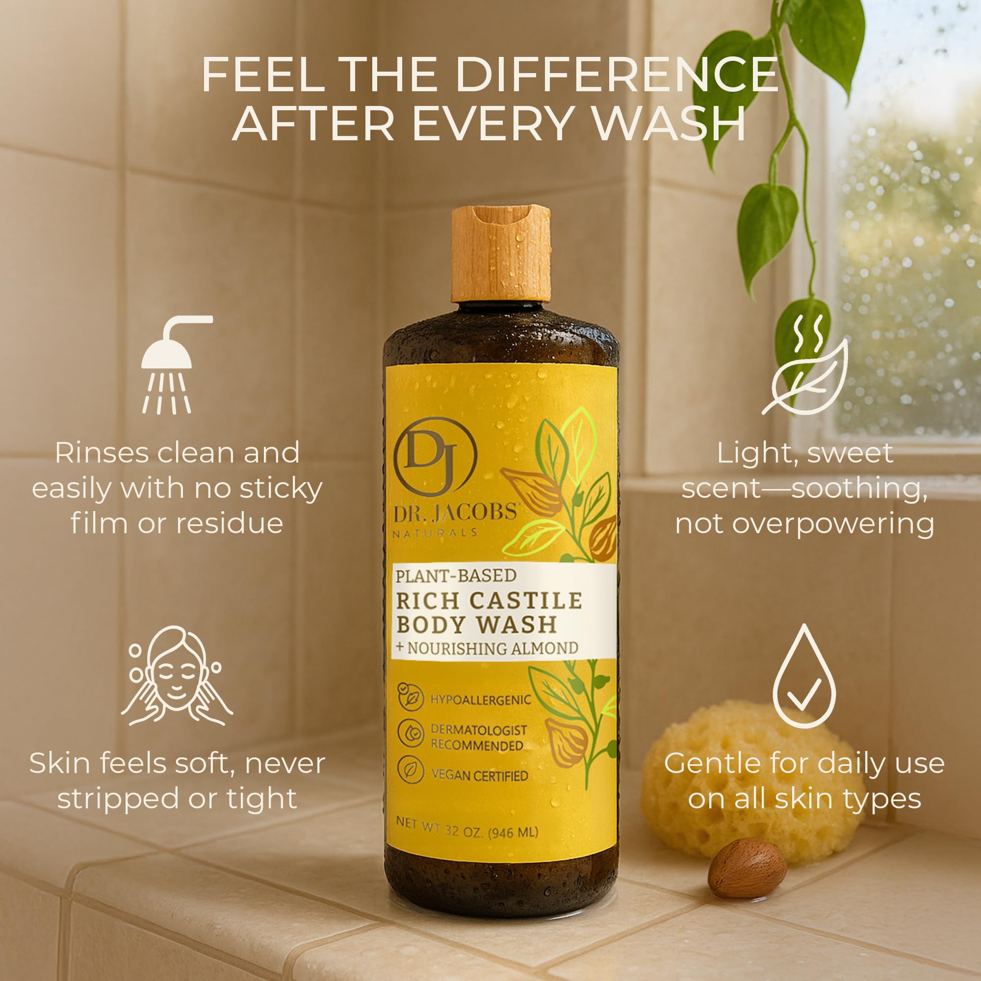DR.JACOBS NATURALS Pure Castile Soap Almond pour captures easy, mess-free use for everyday showers.
