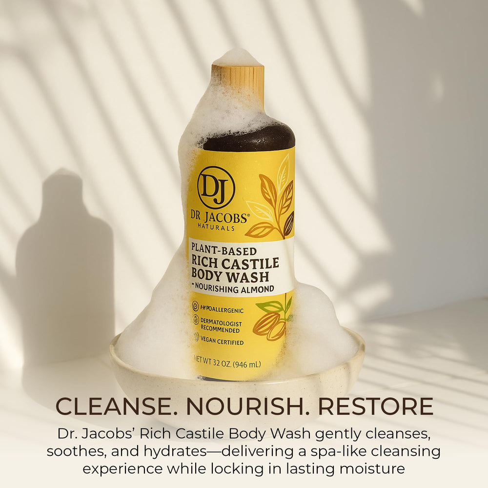 DR.JACOBS NATURALS Pure Castile Soap Almond label highlights coconut and olive oils for mindful daily use.