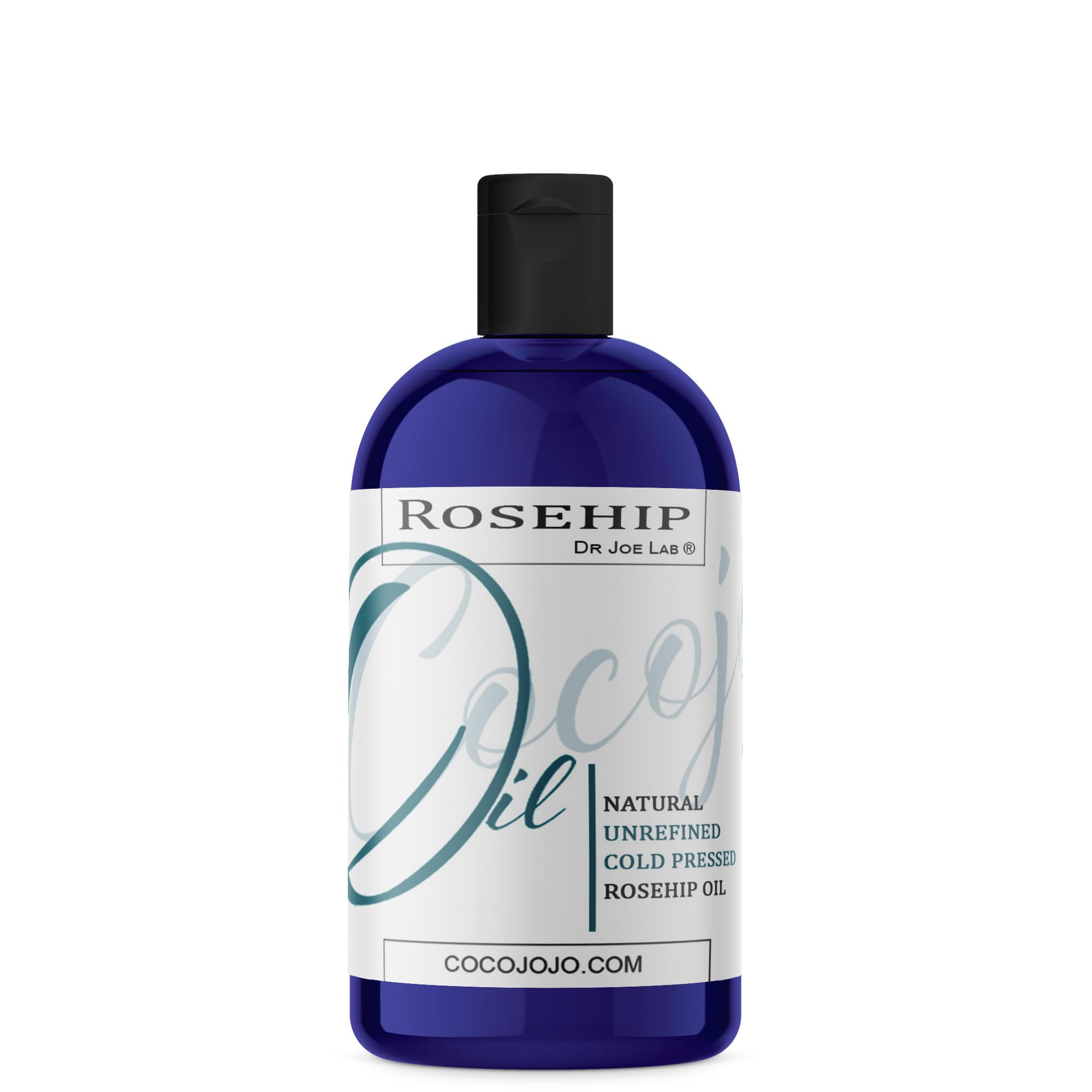 Dr Joe Lab Rosehip Oil bottle closeup highlighting pure unrefined formula for all-over moisture