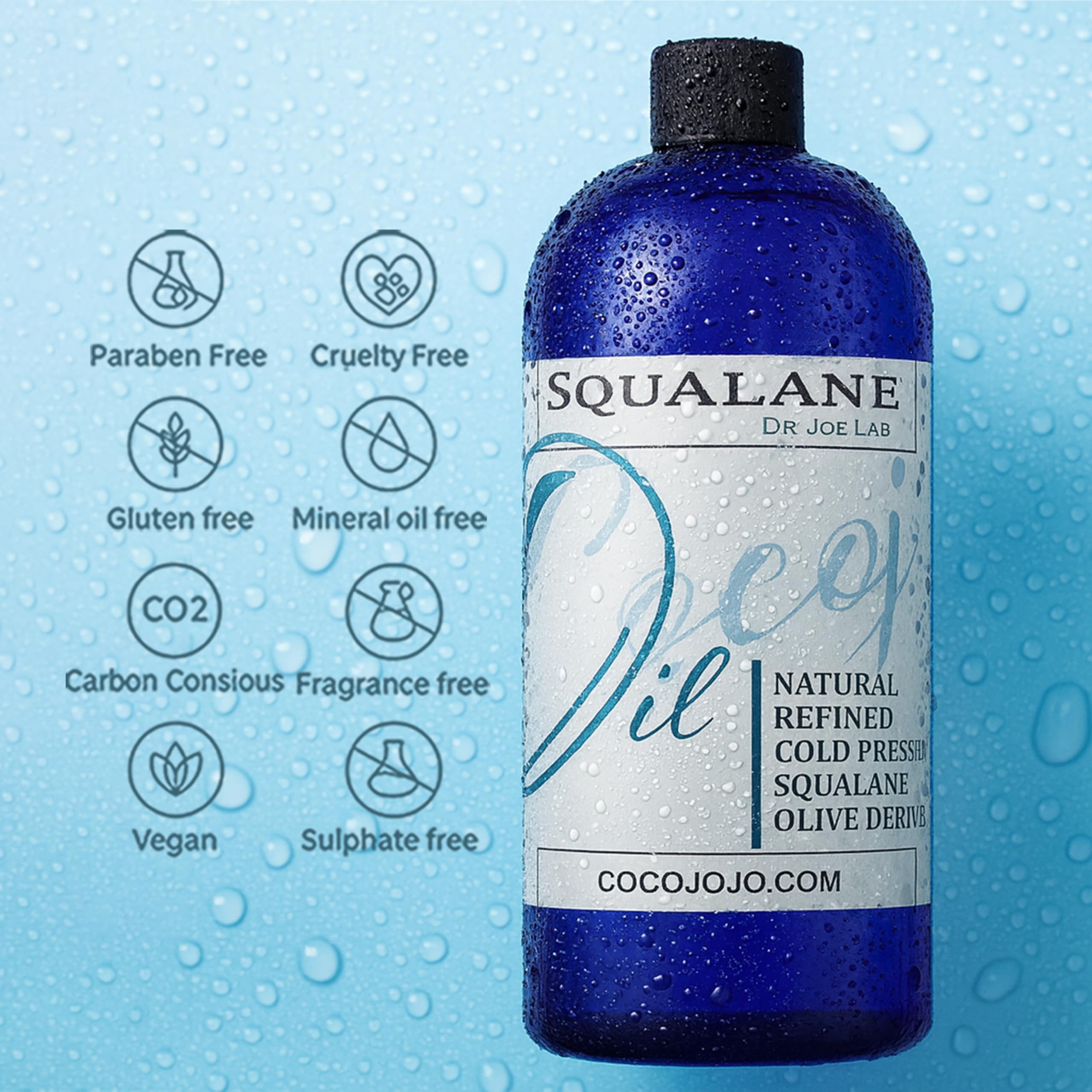 Dr Joe Lab Squalane Oil olive-origin graphic emphasizes plant-based, vegan lipid source