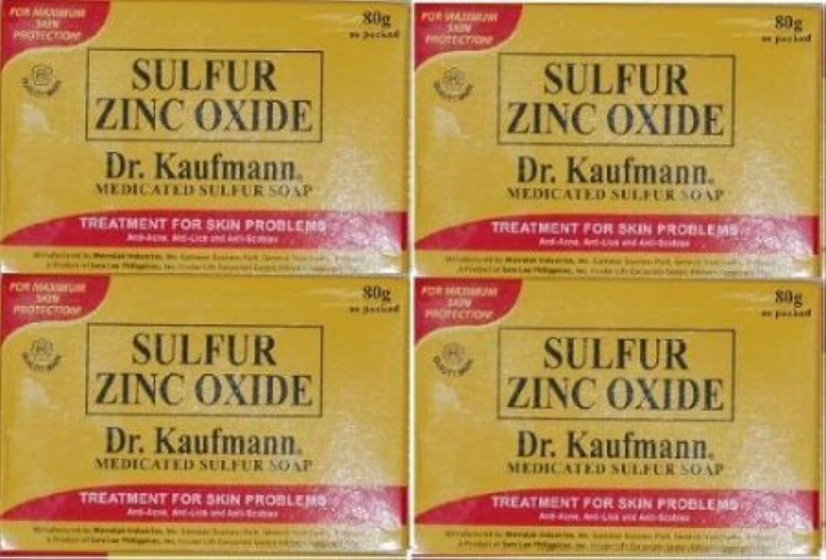 Dr. Kauffman Soap medicated sulfur bar packaging, four-bar set for family use.