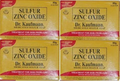 Dr. Kauffman Soap medicated sulfur bar packaging, four-bar set for family use.