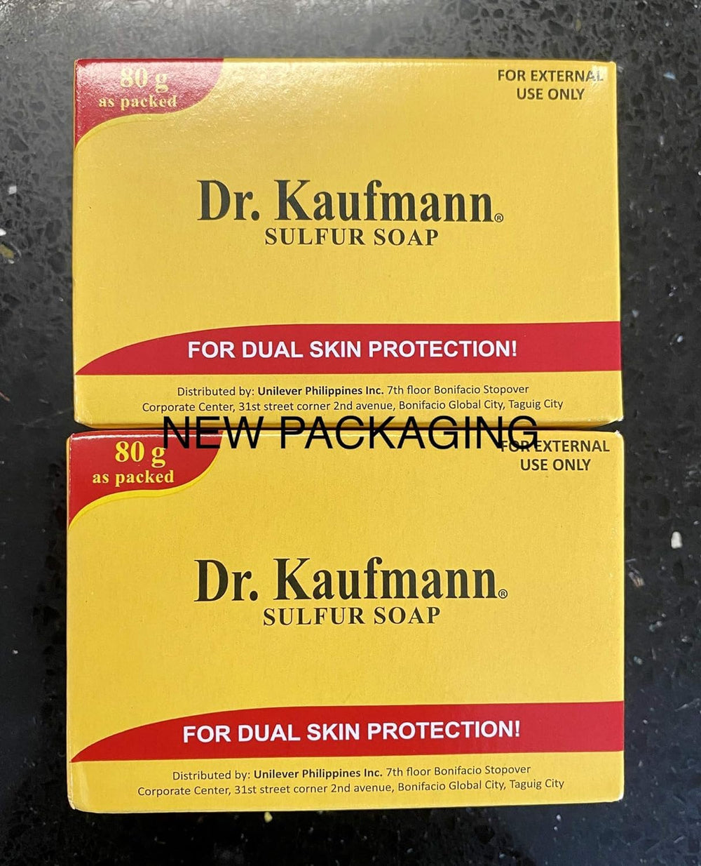 Dr. Kauffmann Soap two-bar pack shown for medicated sulfur benefits in daily skin care.