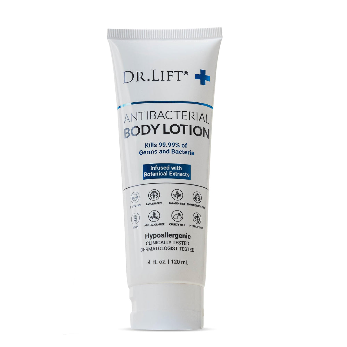 Dr. Lift Antibacterial Body Lotion bottle delivers germ-killing moisture for soft skin.