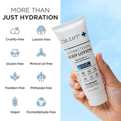 Dr. Lift Antibacterial Body Lotion application shows smooth, hydrated skin.
