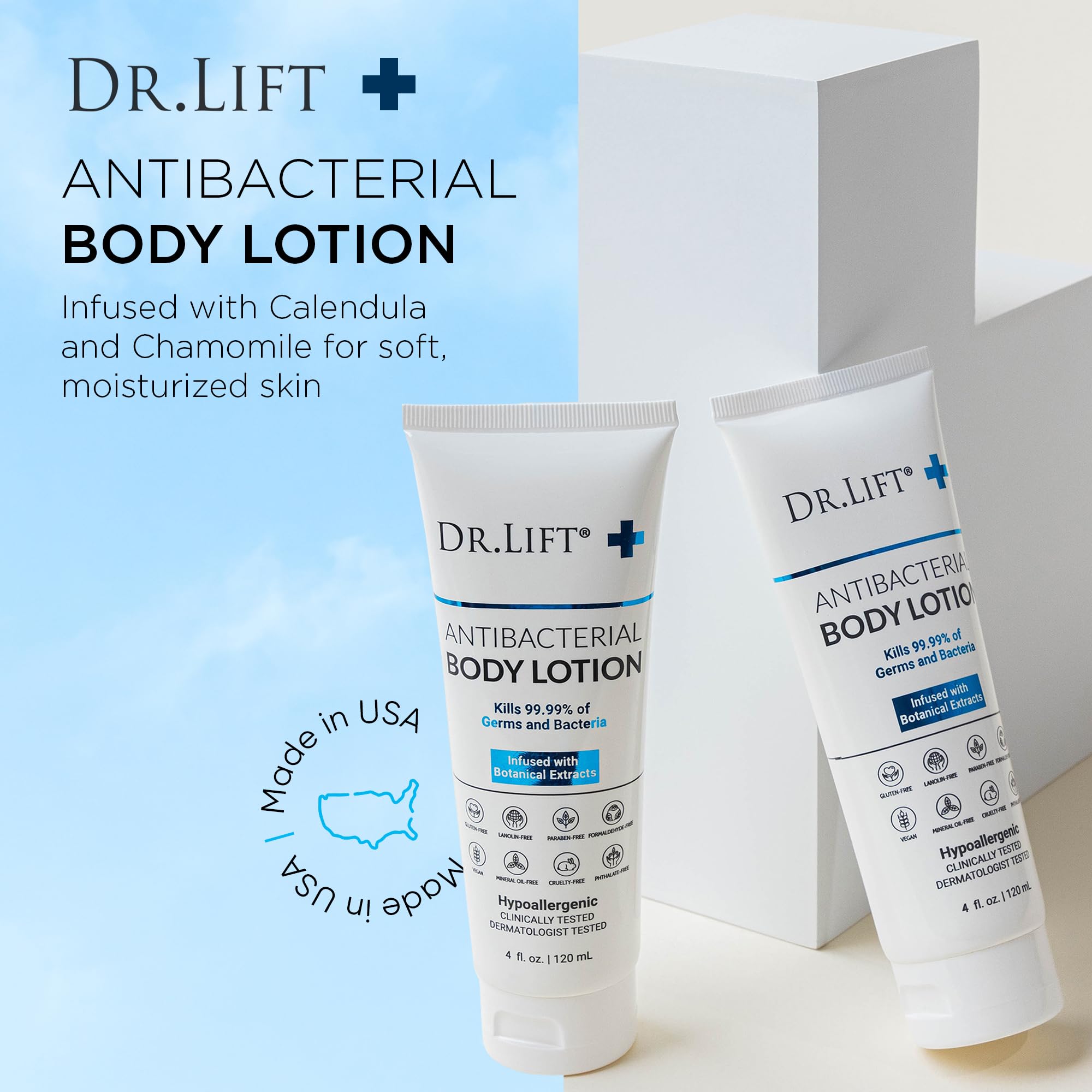 Dr. Lift Antibacterial Body Lotion 4 oz tube in bathroom for daily protection and hydration.