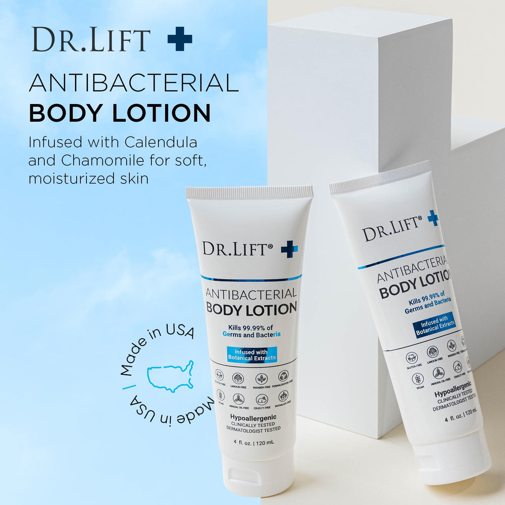 Dr. Lift Antibacterial Body Lotion 4 oz tube in bathroom for daily protection and hydration.