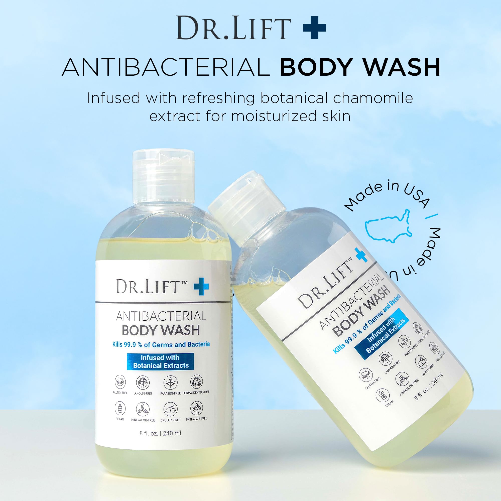 DR. LIFT Antibacterial Body Wash germ-kill action—surface protection during showers.