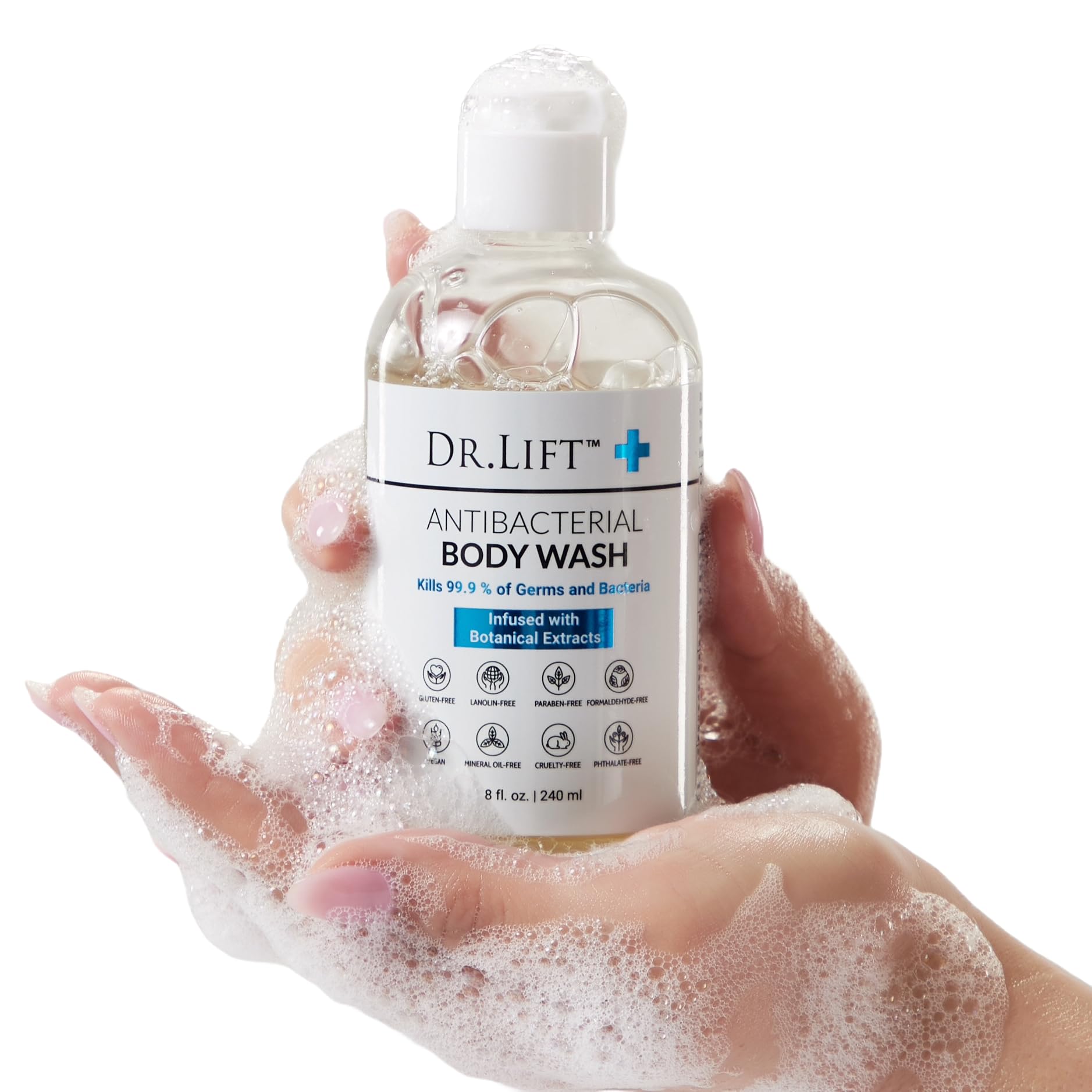 Creamy lather from DR. LIFT antibacterial body wash nourishes and refreshes skin