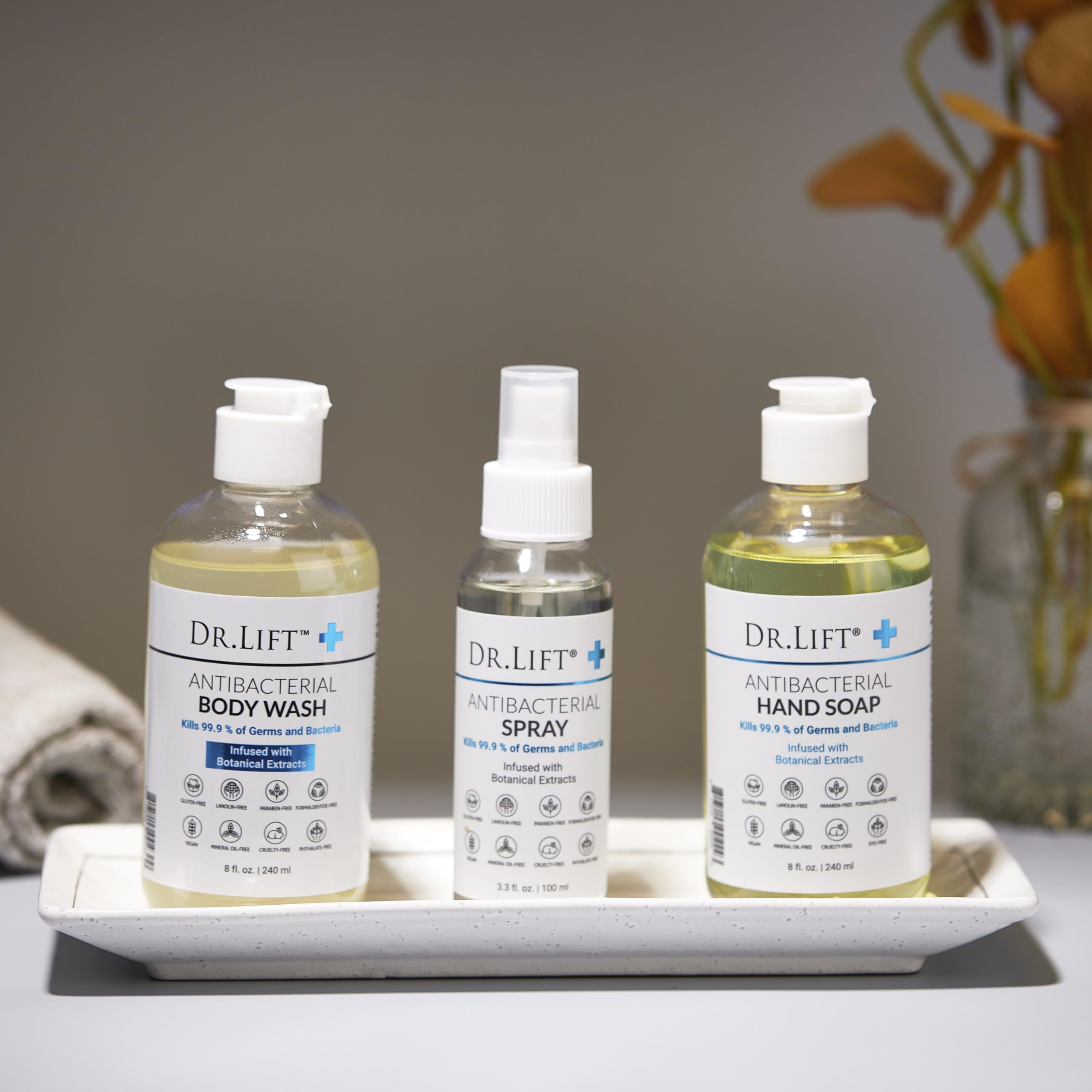 Pouring DR. LIFT antibacterial body wash for quick post-procedure cleansing
