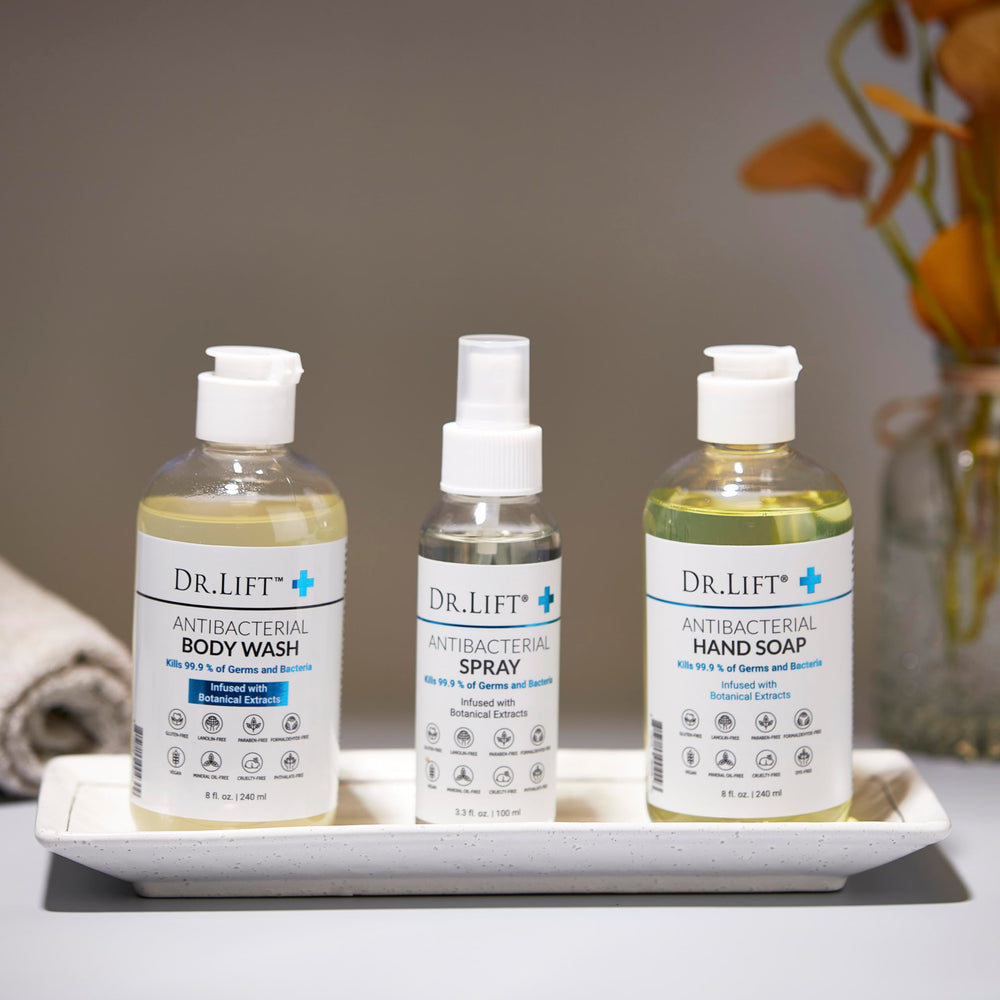 Pouring DR. LIFT antibacterial body wash for quick post-procedure cleansing