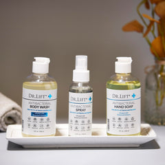 Pouring DR. LIFT antibacterial body wash for quick post-procedure cleansing