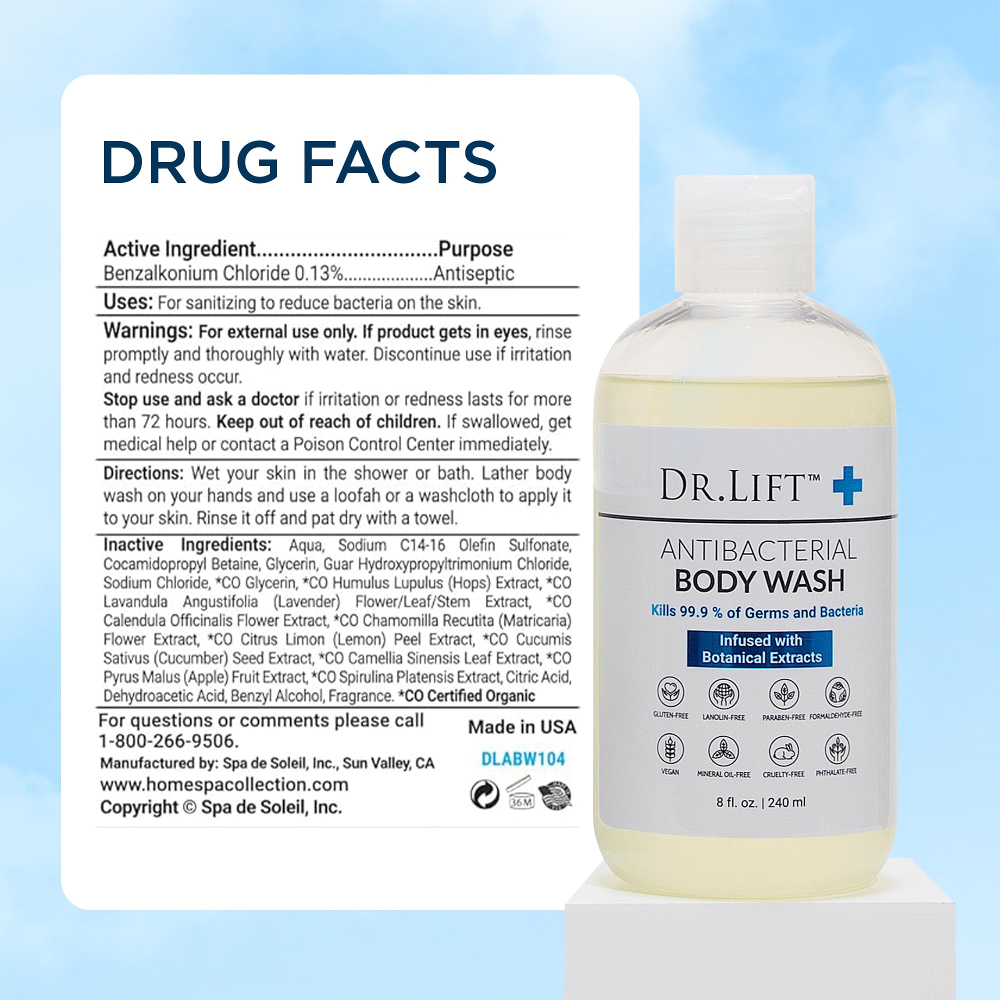 DR. LIFT Antibacterial Body Wash packaging—8 oz bottle and American-made production.