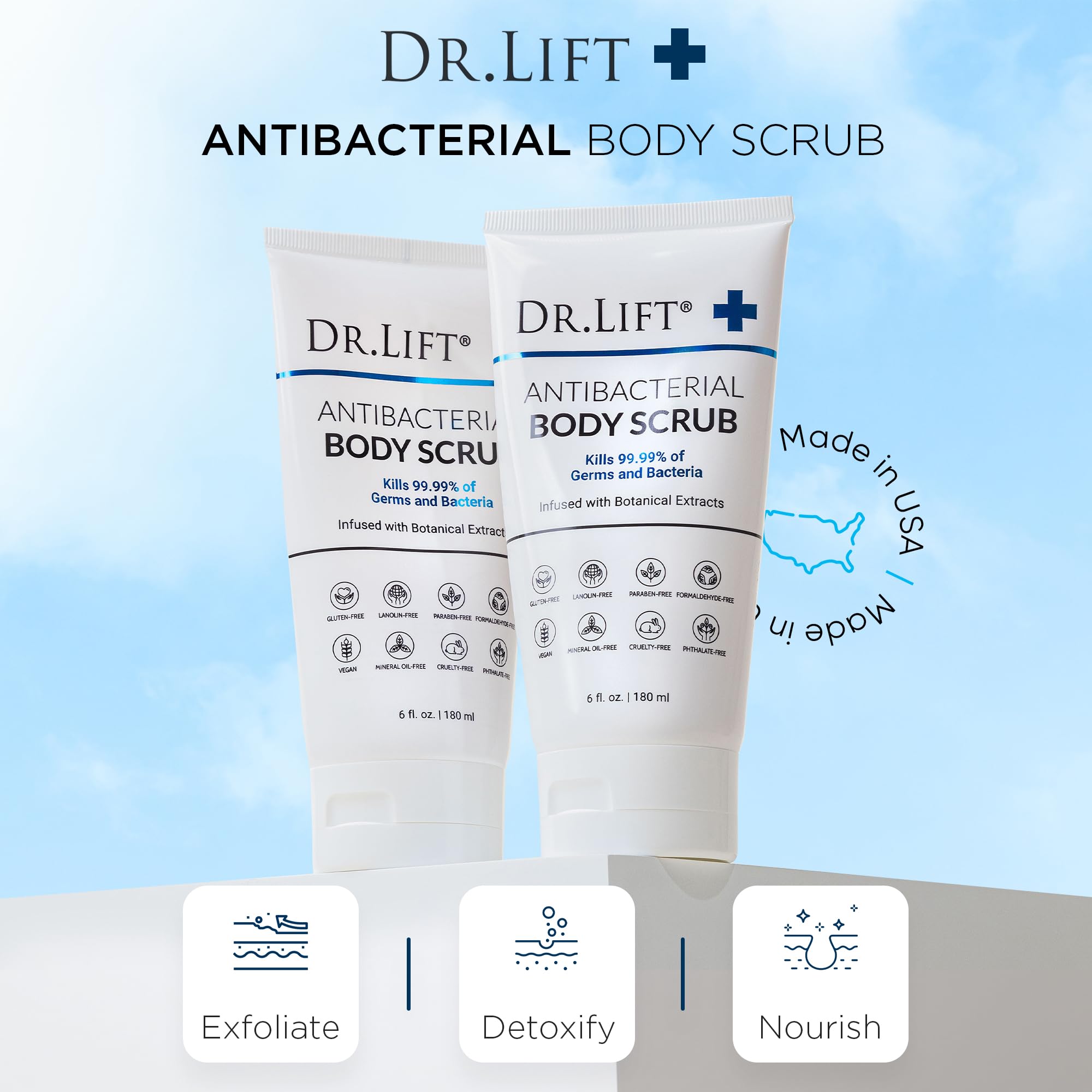 Dr. Lift bottle beside towels suggesting a spa-like routine