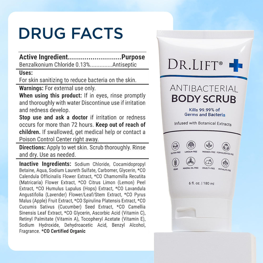 Dr. Lift salt scrub texture seen on skin during a shower