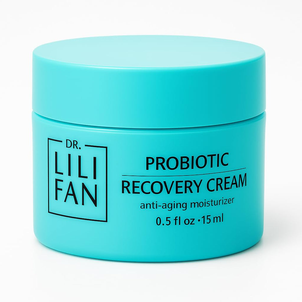Dr Lili Fan Probiotic Recovery Cream bottle on a clean surface, highlighting vegan probiotic hydration.