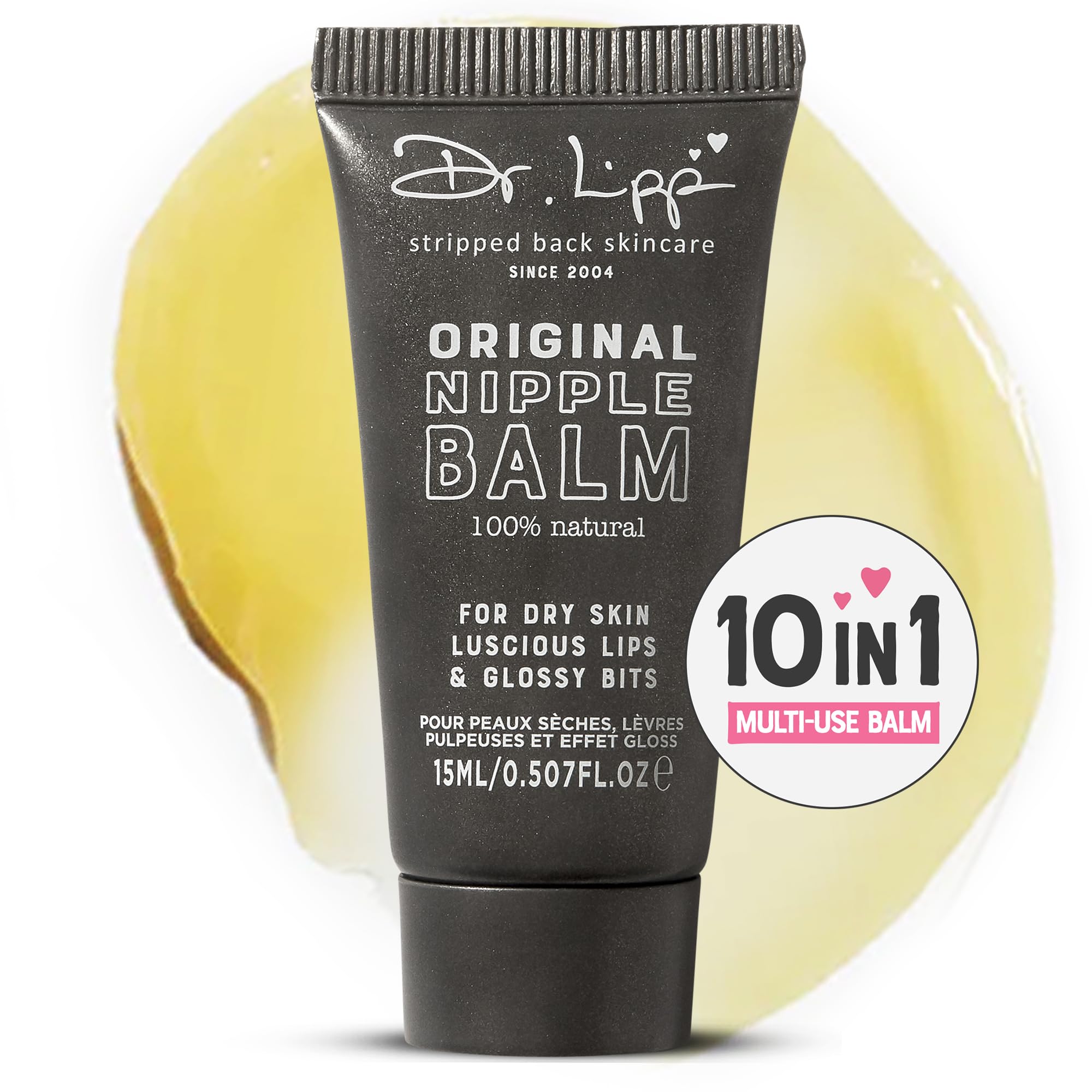 Dr. Lipp Original Nipple Balm bottle promises long-lasting hydration for lips and dry skin.
