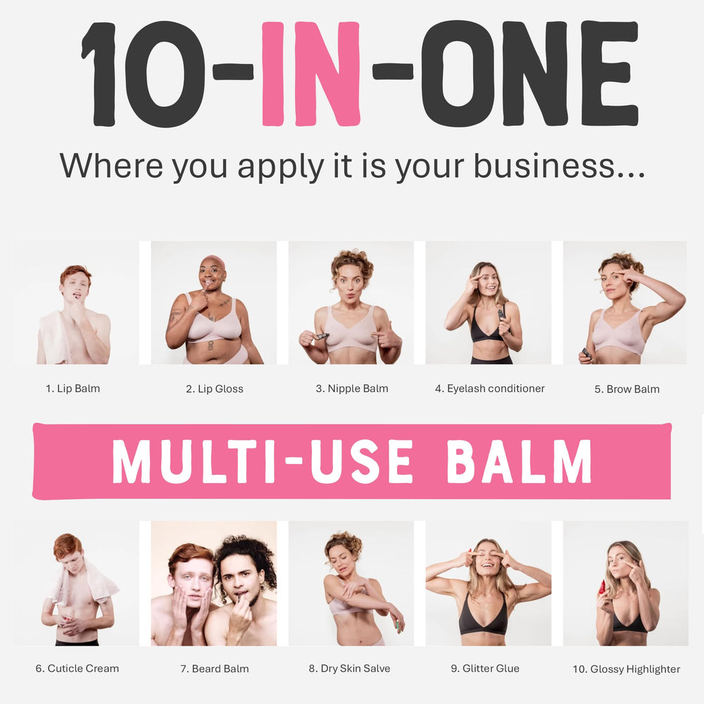 Dr. Lipp Original Nipple Balm lip-application demonstrates multi-use hydration on lips.