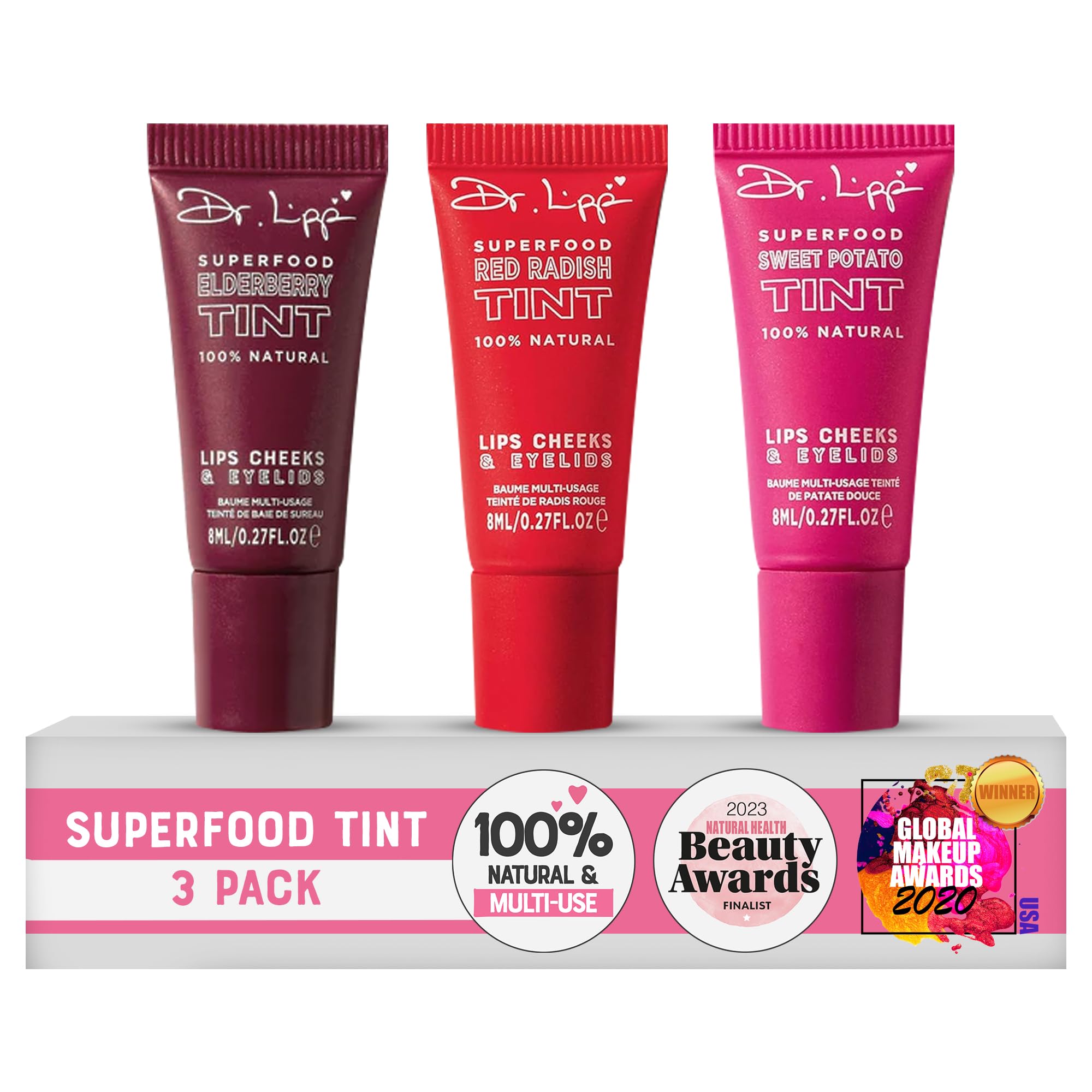 Dr. Lipp Superfood Lip Tint 3 Pack front packaging highlights sustainable design for fragrance-free lip care.