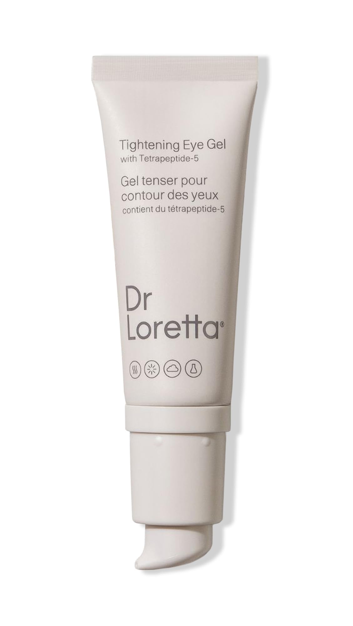 Dr. Loretta tightening eye gel jar close-up highlights antioxidant formula for brightening.