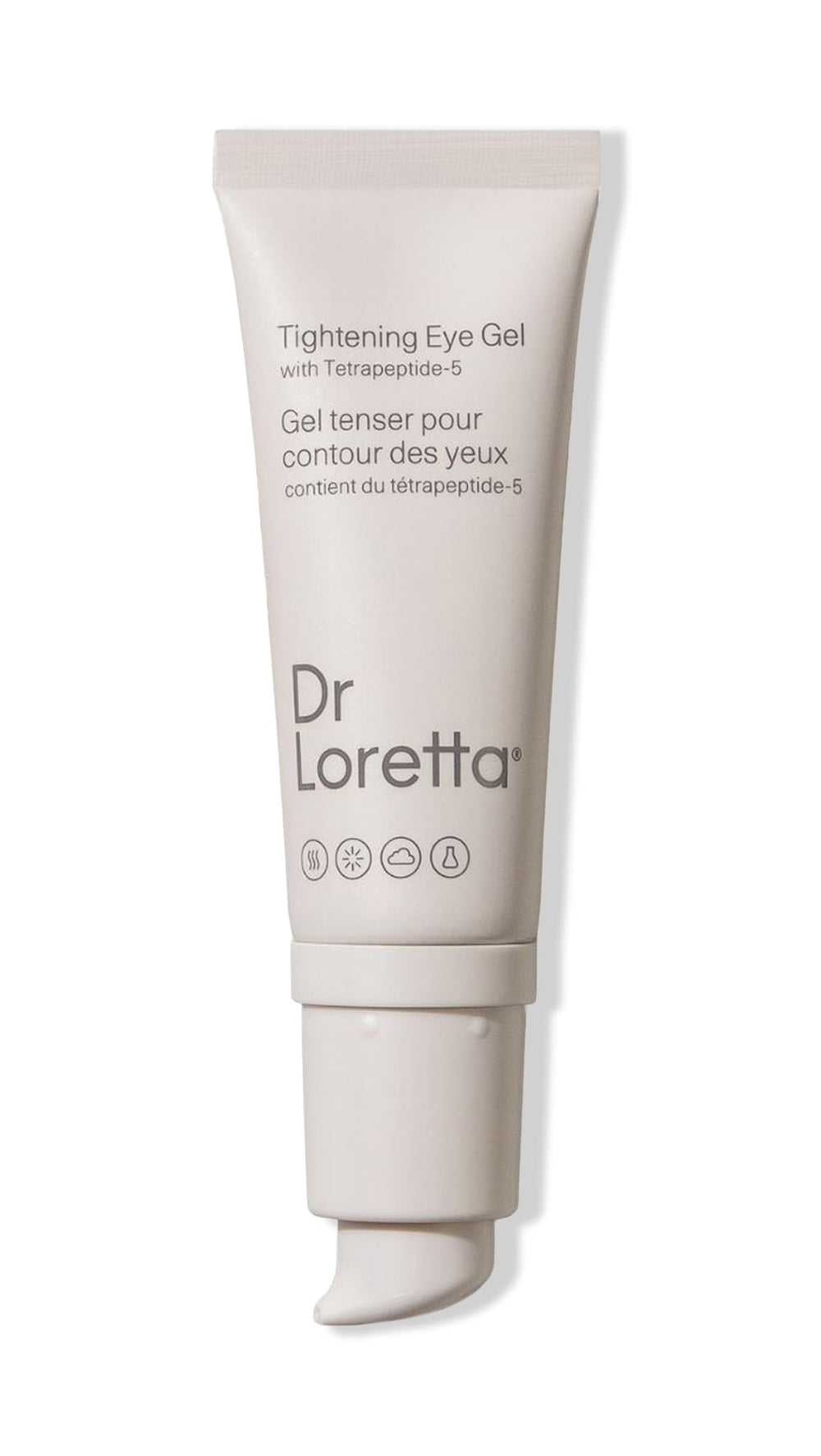 Dr. Loretta tightening eye gel jar close-up highlights antioxidant formula for brightening.