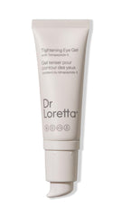 Dr. Loretta tightening eye gel jar close-up highlights antioxidant formula for brightening.