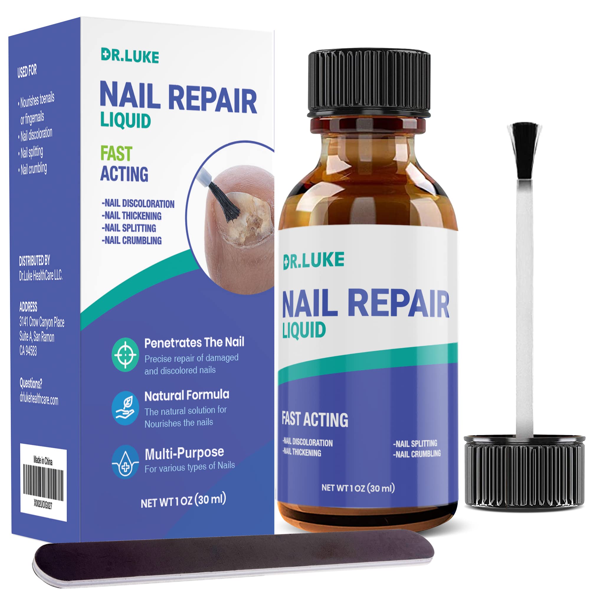 Dr. Luke Nail Repair Liquid bottle front shows fast-drying formula for daily maintenance.