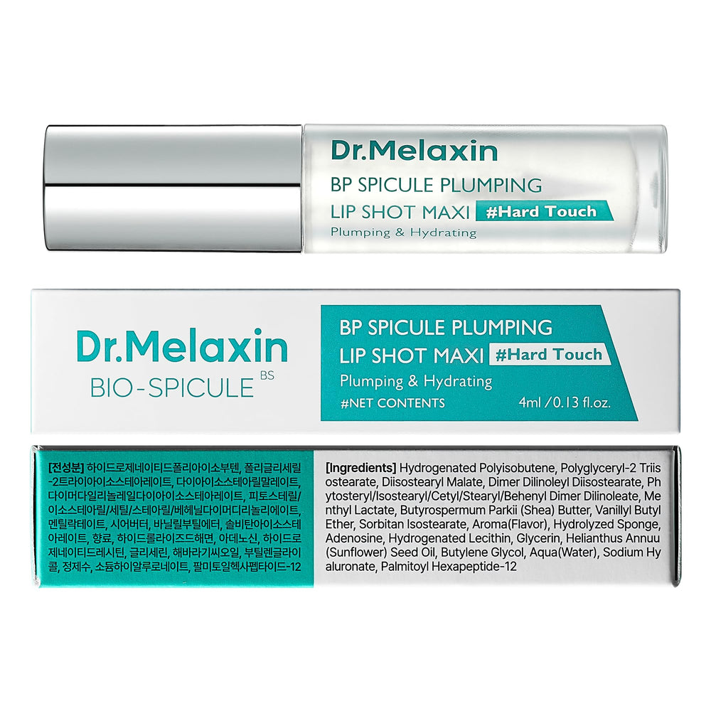 Dr.Melaxin BP Spicule Plumping Lip Shot Maxi packaging closeup with soft branding implies luxury lip care