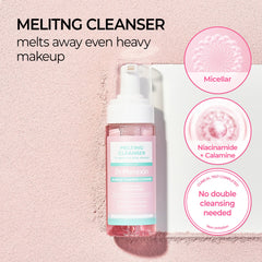 Dr.Melaxin Melting Cleanser foamy bubbles reveal airy texture that dissolves makeup gently.