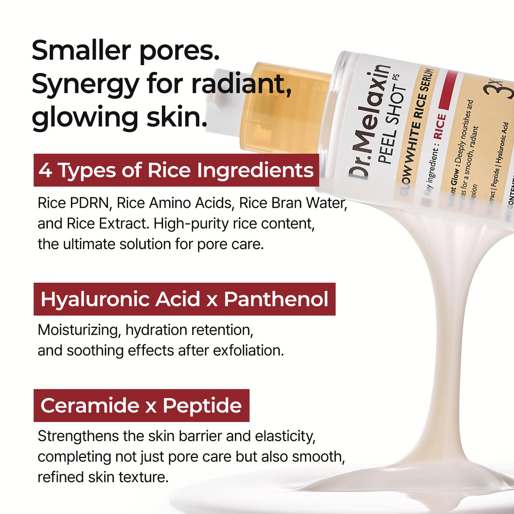 Dr.Melaxin Peel Shot Glow Rice PDRN Serum packaging front emphasizes travel-friendly 30ml bottle.