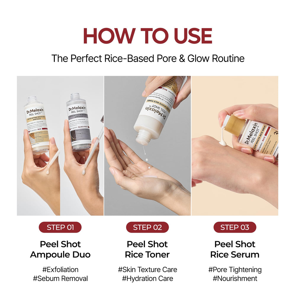 Dr.Melaxin Peel Shot Glow Rice PDRN Serum routine shot suggests an easy skincare step.
