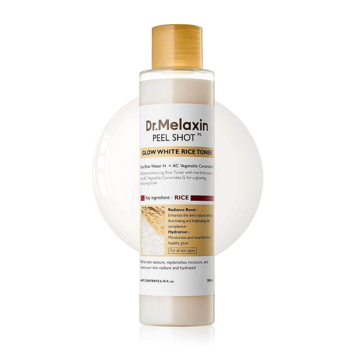 Dr.Melaxin Peel Shot Glow Rice Toner bottle pouring demonstrates lightweight hydration for radiant skin.