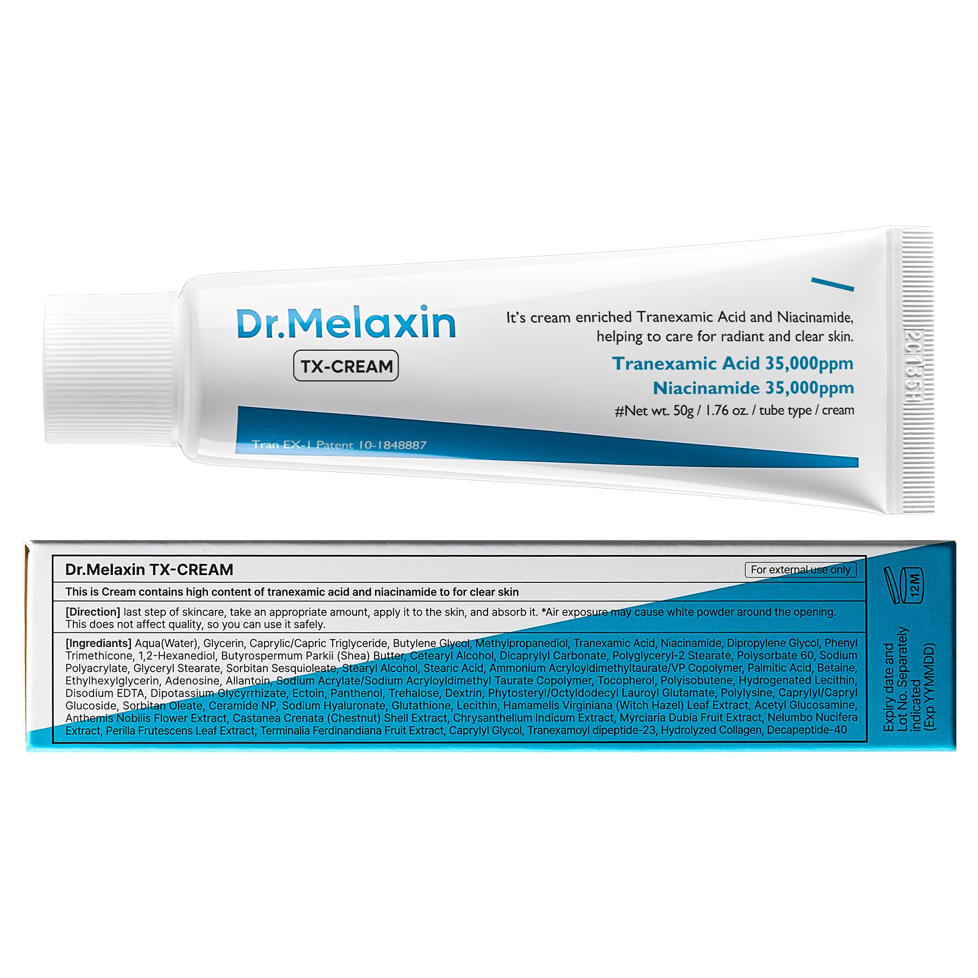 Dr.Melaxin TX Cream packaging close-up with clean ingredients claim.
