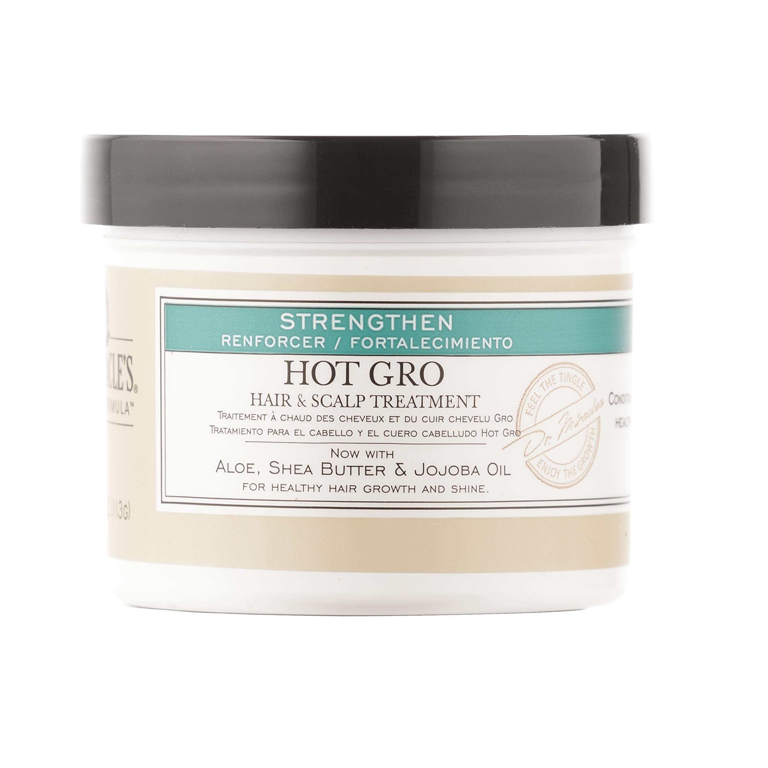 Dr. Miracle's Strengthen Hot Gro ingredients panel highlights nourishing components.