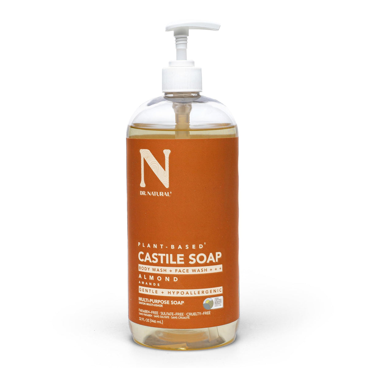 Dr. Natural Castile Soap Almond bottle pour for versatile body and hair care