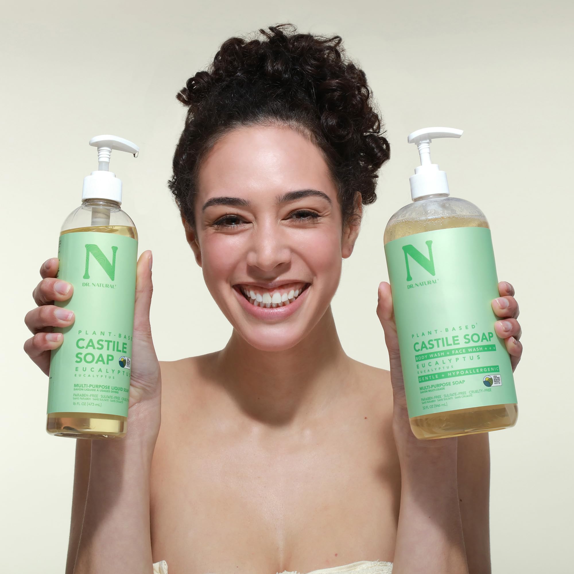 Dr. Natural Castile liquid soap body-application shows hydrating cleansing on skin