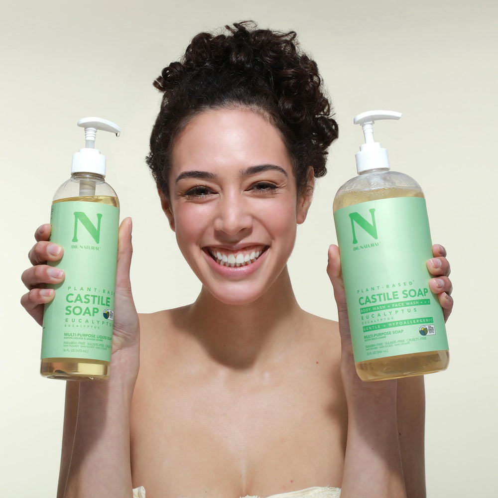 Dr. Natural Castile liquid soap body-application shows hydrating cleansing on skin