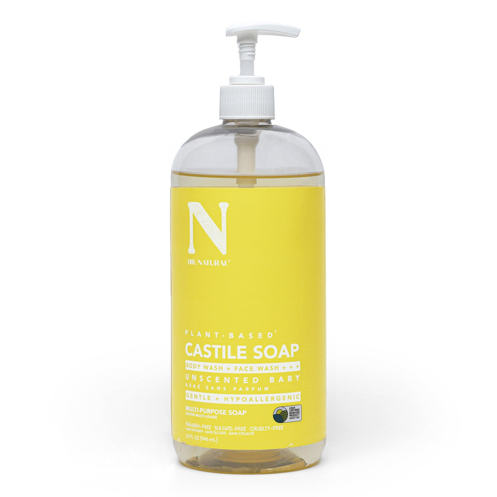 Dr. Natural Castile liquid soap bottle for gentle, all-over cleansing
