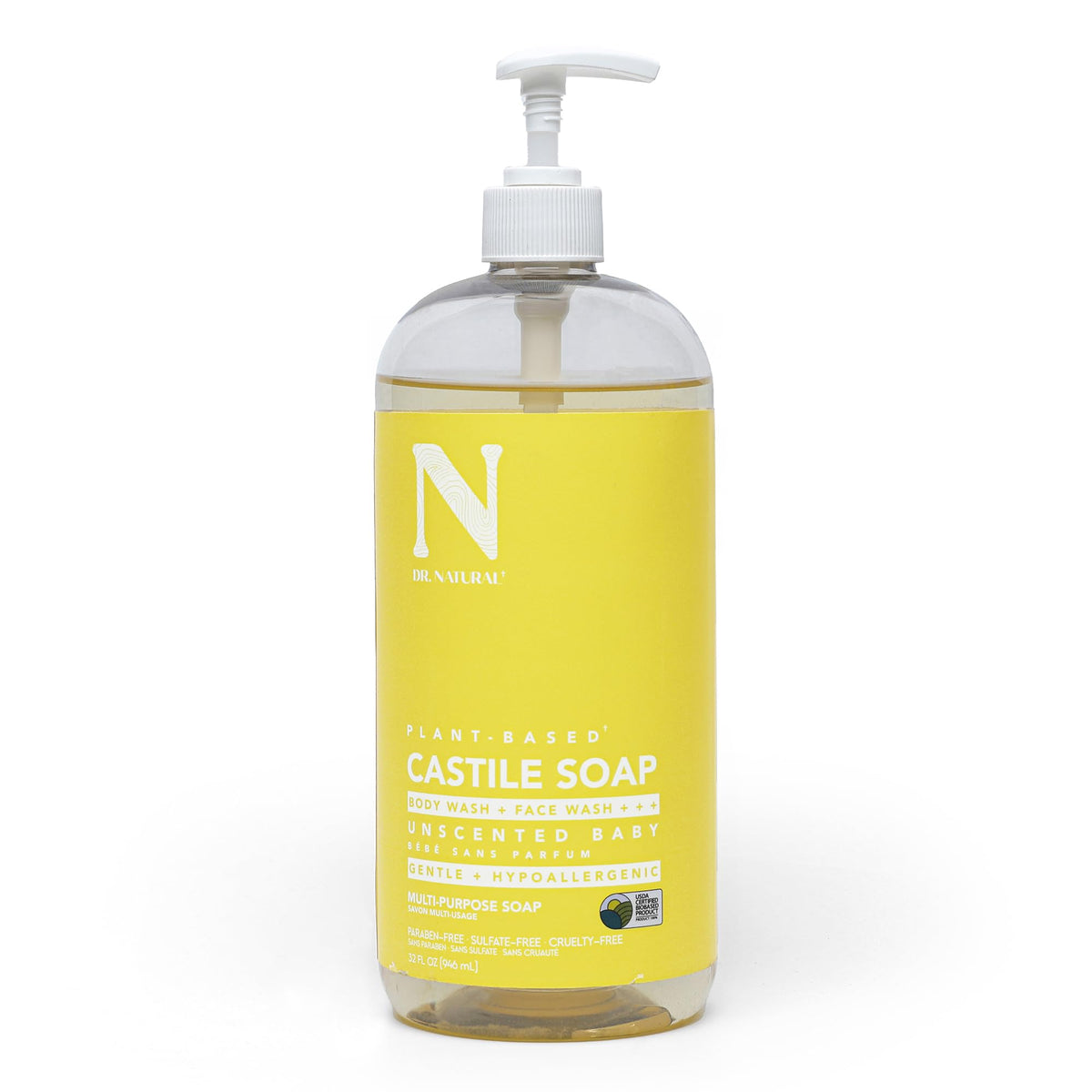 Dr. Natural Castile liquid soap bottle for gentle, all-over cleansing