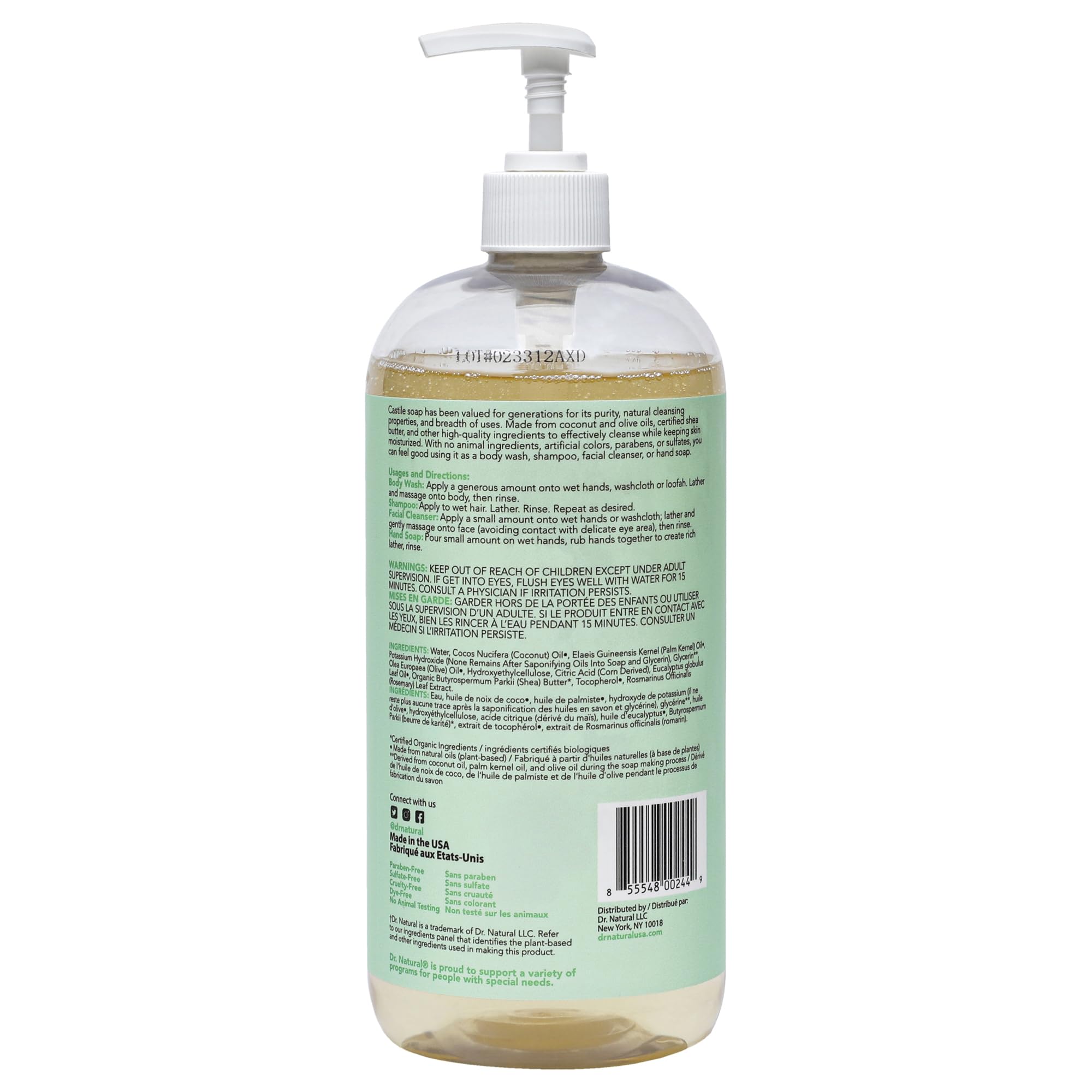 Dr. Natural Castile liquid soap eco-packaging highlight underscores plant-based purity and sustainability