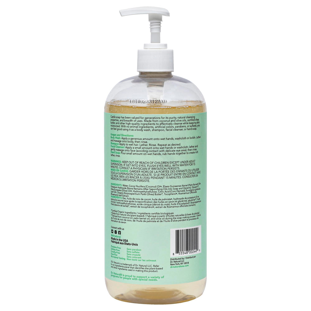 Dr. Natural Castile liquid soap eco-packaging highlight underscores plant-based purity and sustainability