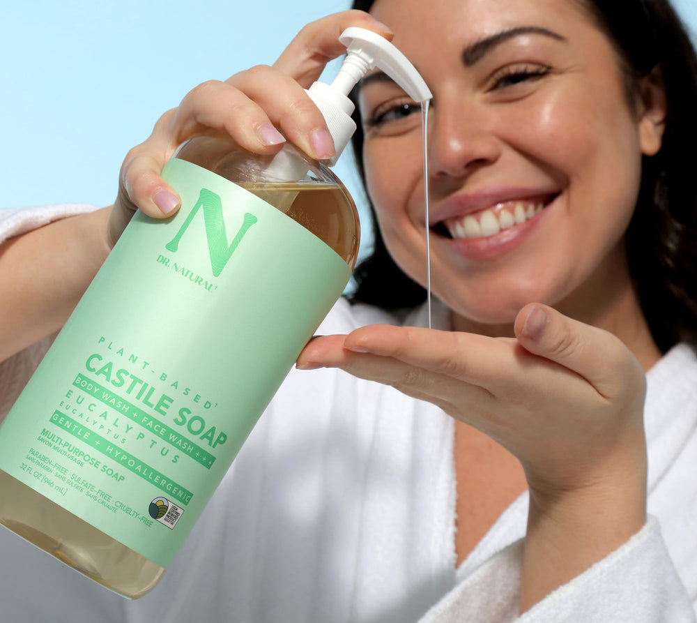 Dr. Natural Castile liquid soap face-cleanse shot demonstrates gentle plant-based cleansing