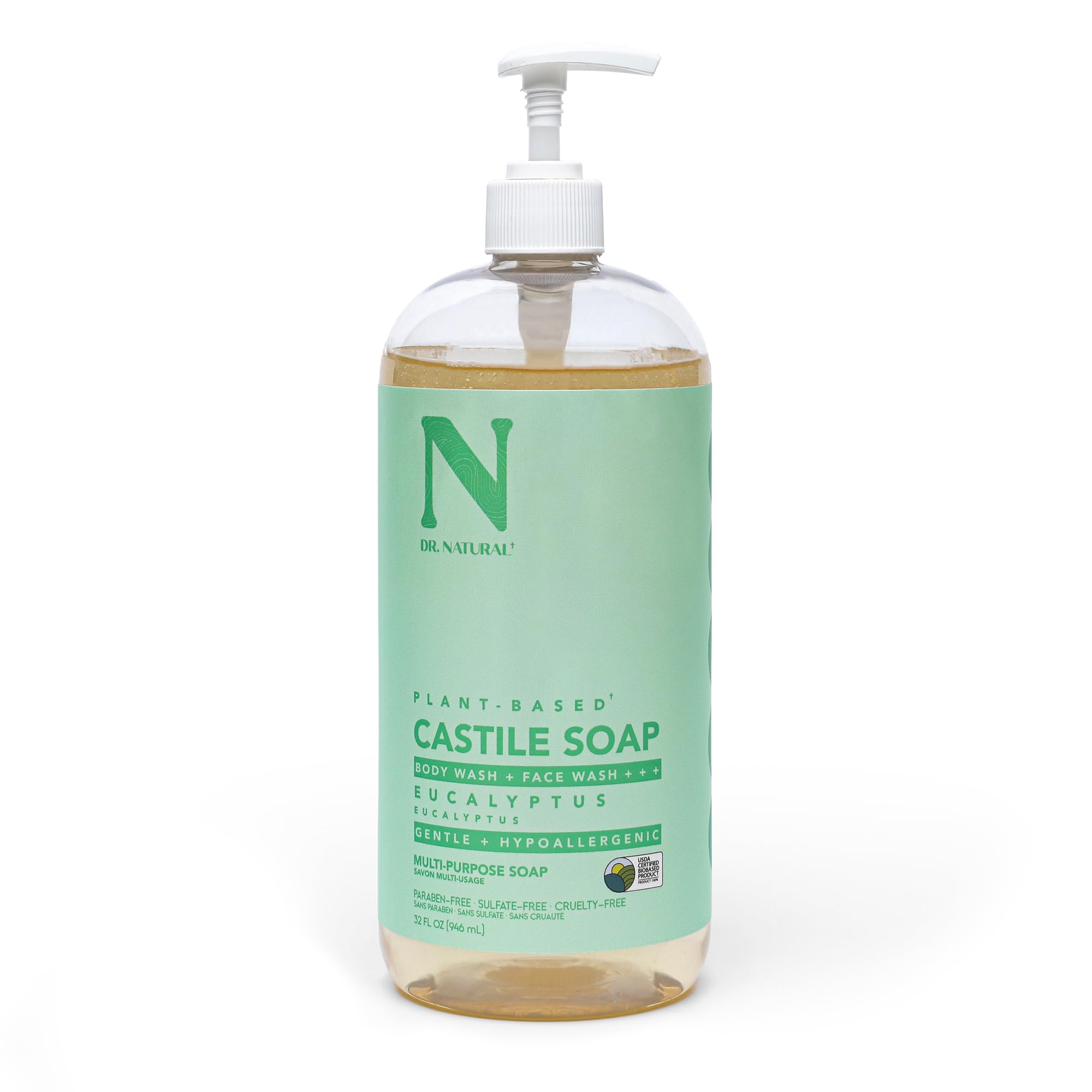 Dr. Natural Castile liquid soap pump bottle shows all-in-one cleansing for skin and hair