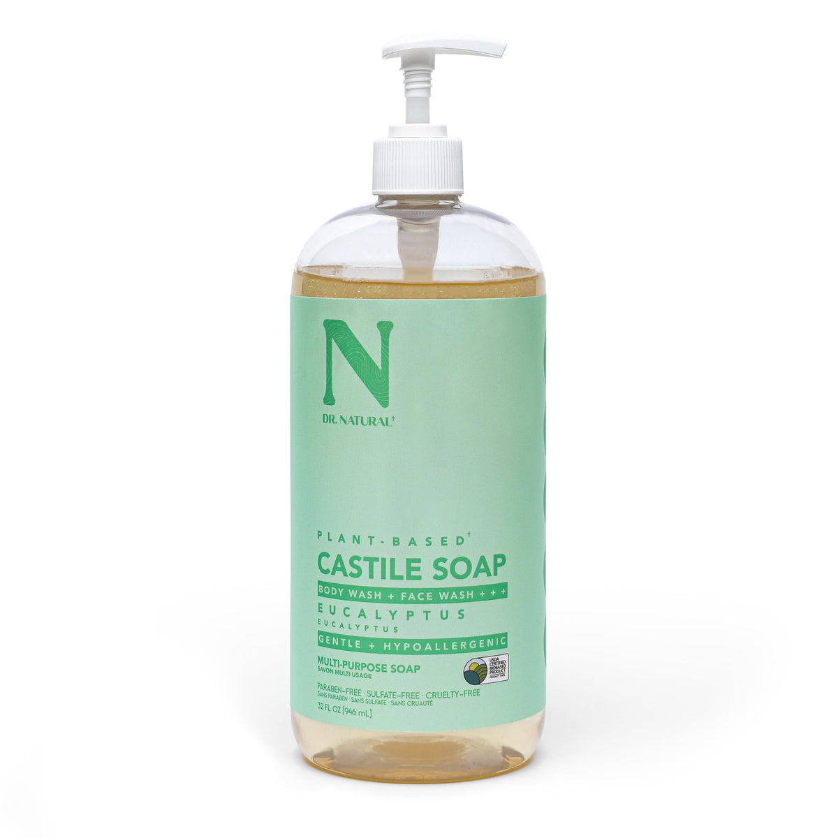 Dr. Natural Castile liquid soap pump bottle shows all-in-one cleansing for skin and hair