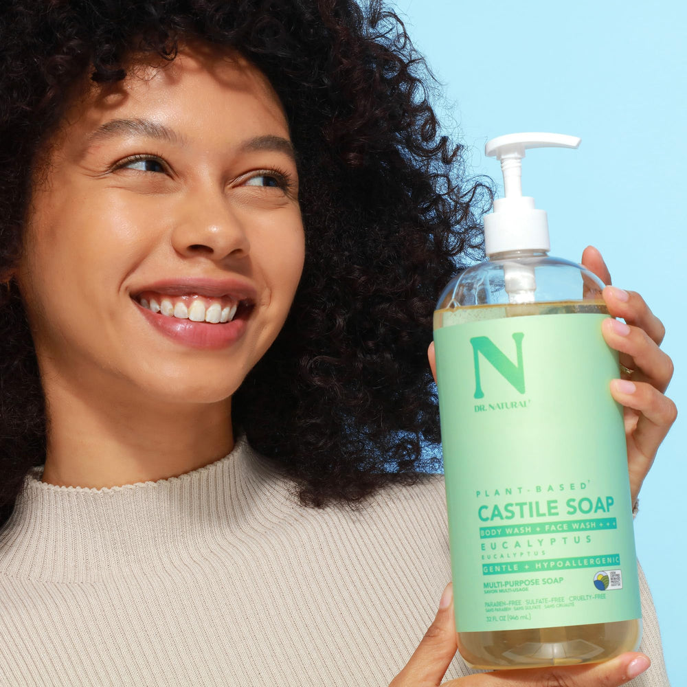 Dr. Natural Castile liquid soap shampoo-use close-up indicates versatile cleansing for hair
