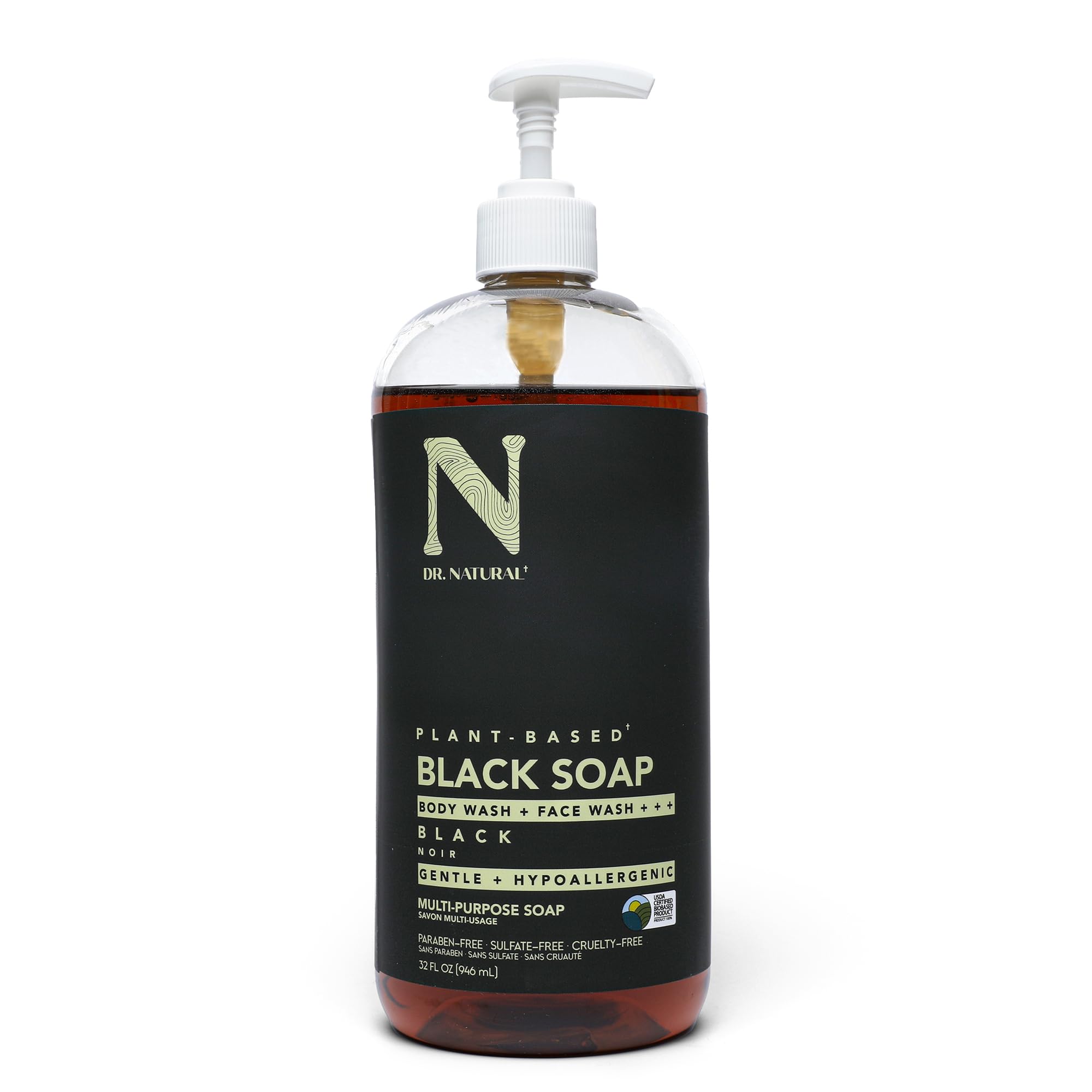 Dr. Natural bottle pours for gentle cleansing on face and body