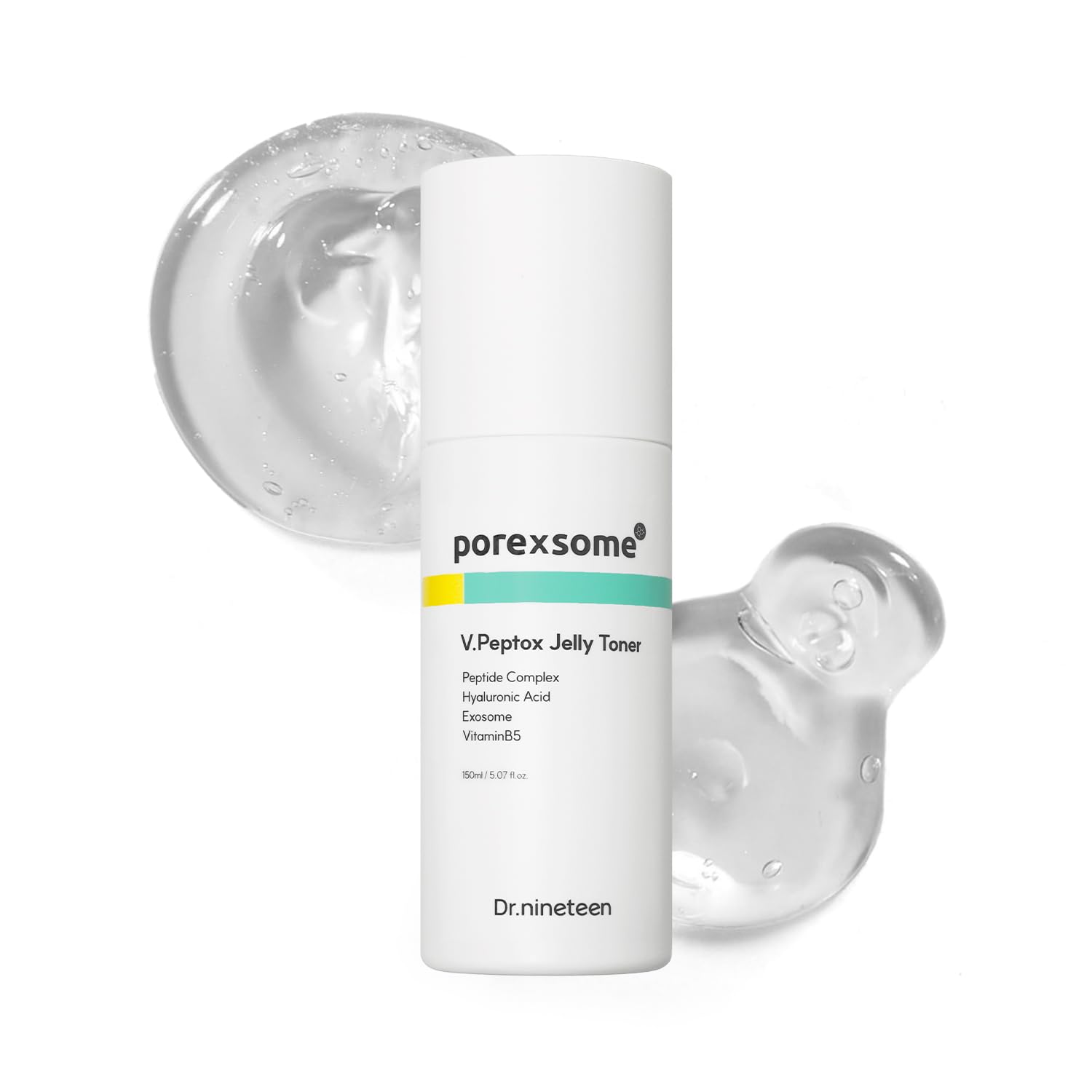 Dr.nineteen V.Peptox Jelly Toner bottle closeup shows premium packaging and pore-care potential.
